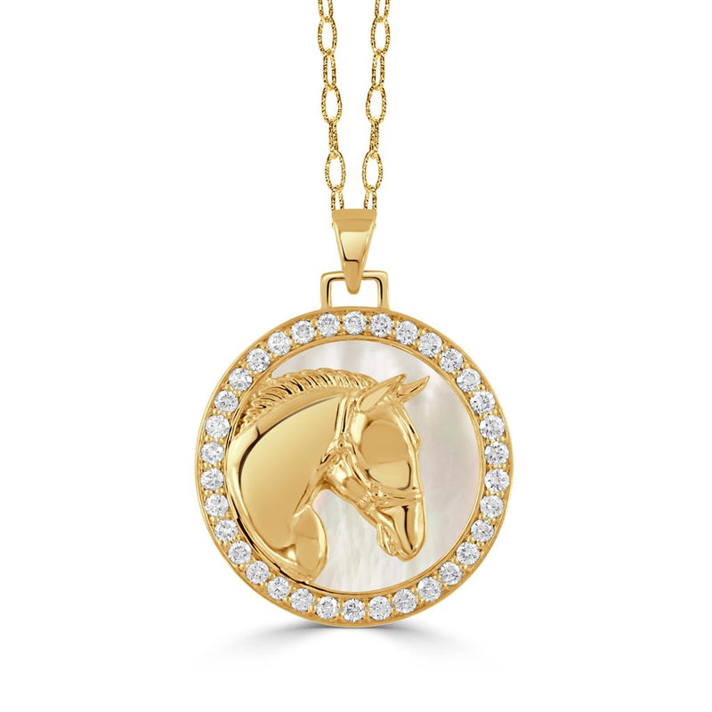 Doves 18k Yellow Gold Equestrian Collection Halo Horse Pendant with Mother of Pearl and Diamonds