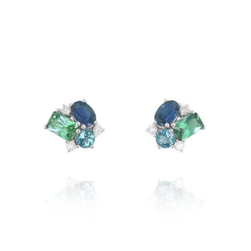 Yael Designs 14k White Gold Tesserae Sapphire, Tourmaline and Topaz Stud Earrings