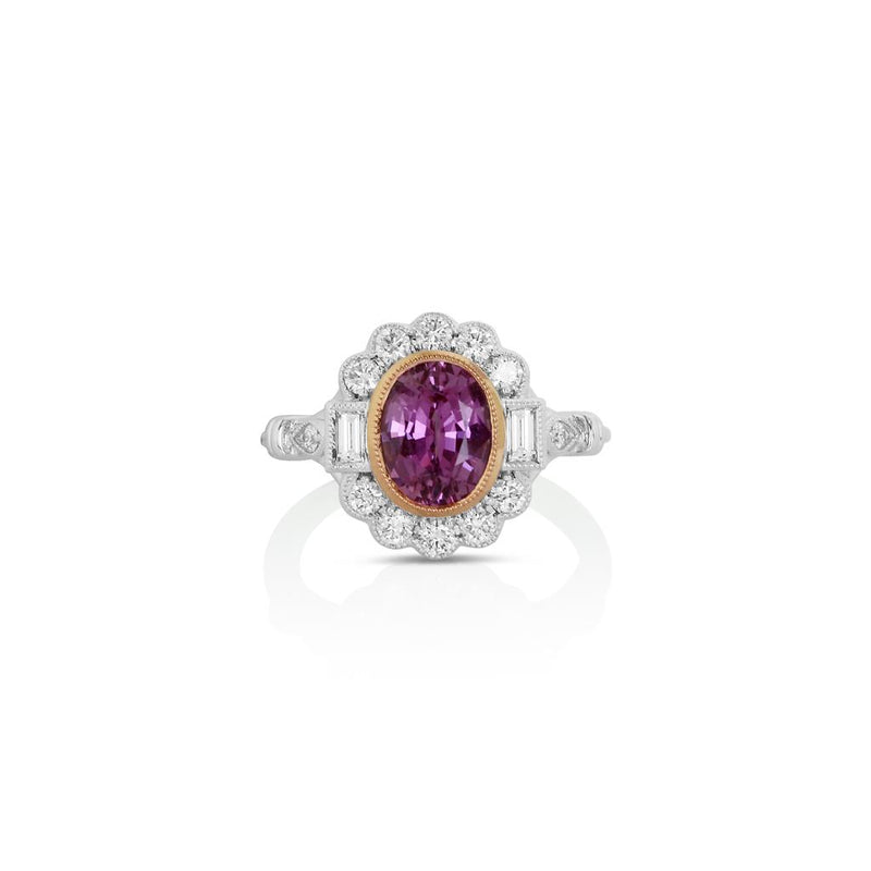 Yael Designs 18k White and Rose Gold Pink Sapphire and Diamond Vintage Three-Stone Halo Ring