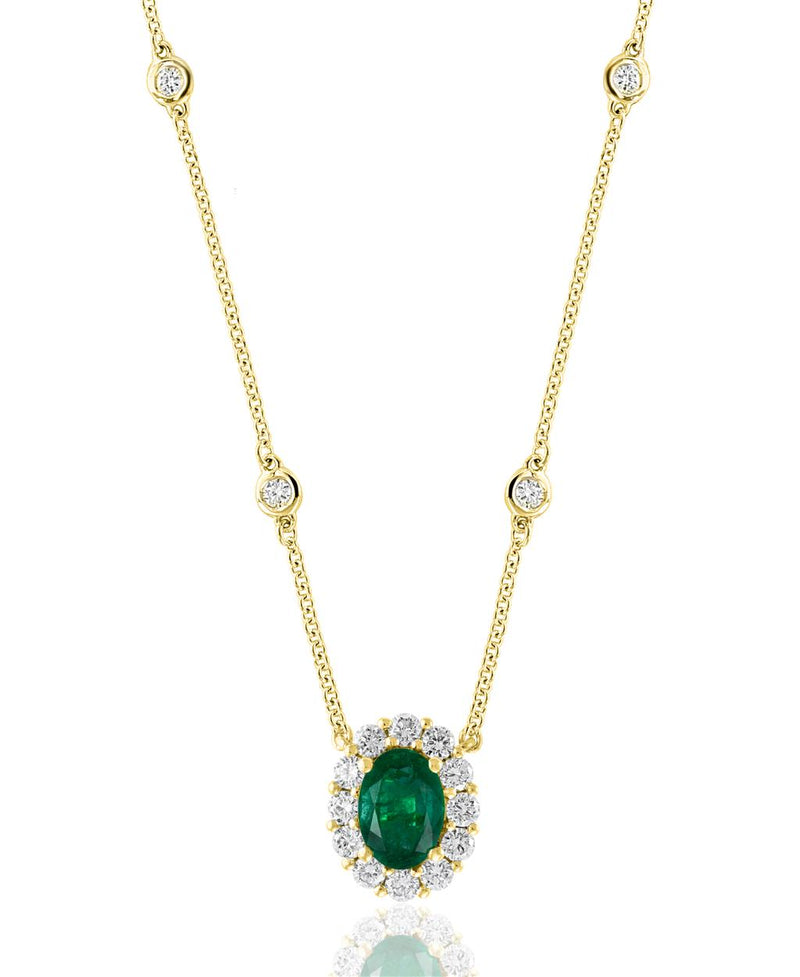 Davis Classics 18k Yellow Gold Diamond by the Yard Oval Halo Emerald Pendant Necklace