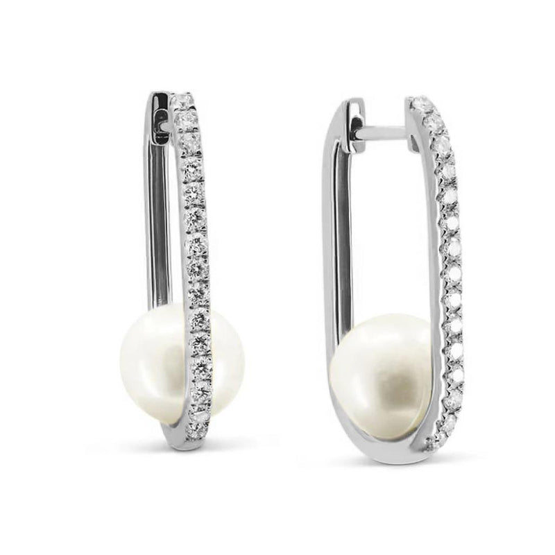 Madison L 14k White Gold Pearl and Diamond Hoop Earrings