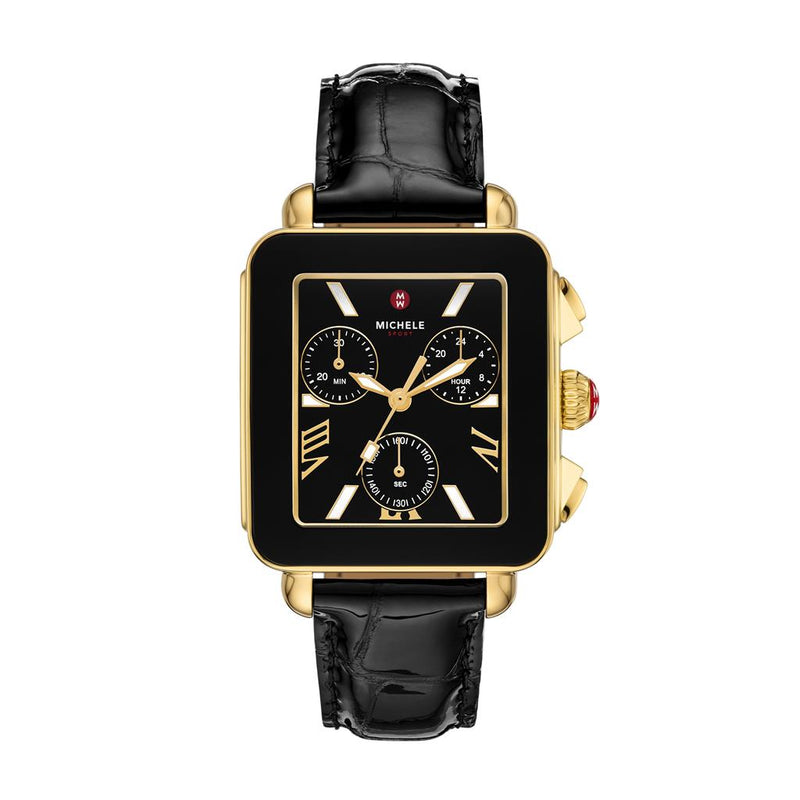 Michele Watches Deco Sport Chronograph 18K Gold-Plated Stainless Steel Noir Leather Watch