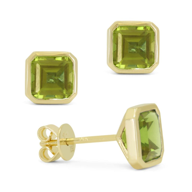 Madison L 14k Yellow Gold Peridot Square Cushion Cut Stud Earrings