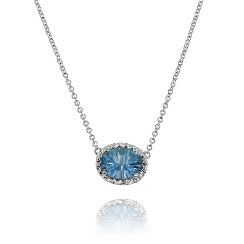 Yael Designs 14k White Gold Borealis Collection Swiss Blue Topaz and Diamond Halo Pendant Necklace