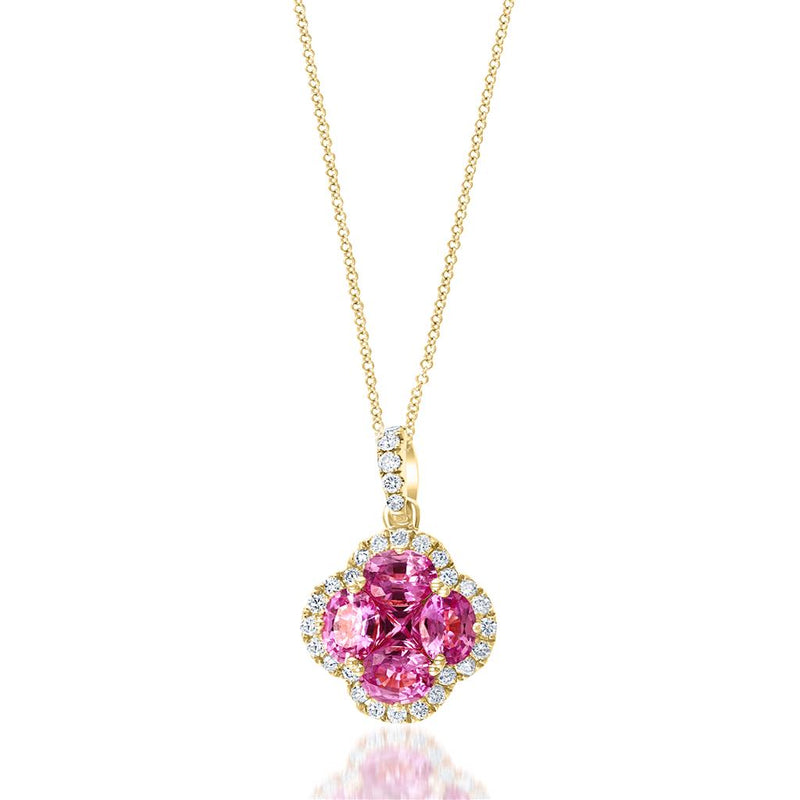 Davis Classics 18k Yellow Gold Floral Halo Pink Sapphire and Diamond Pendant Necklace