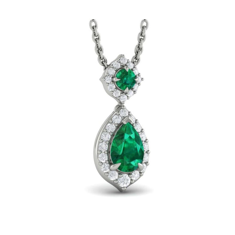 Vlora 14k White Gold Adella Color Collection Halo Design Emerald Drop Pendant Necklace