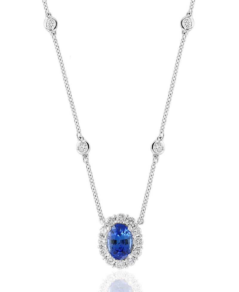 Davis Classics 18k White Gold Diamond by the Yard Ceylon Blue Sapphire Halo Pendant Necklace