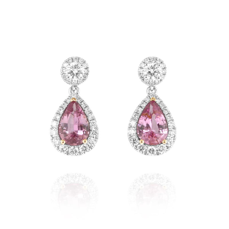 Yael Designs 18k White and Rose Gold Pink Sapphire and Diamond Pear Halo Drop Earrings