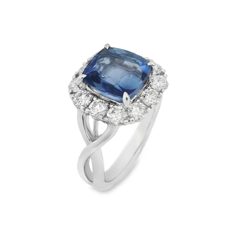 Davis Classics 18k White Gold Blue Sapphire and Diamond Cushion Halo Ring