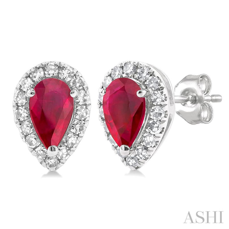 Davis Classics 14k White Gold Pear-Cut Ruby and Diamond Halo Stud Earrings