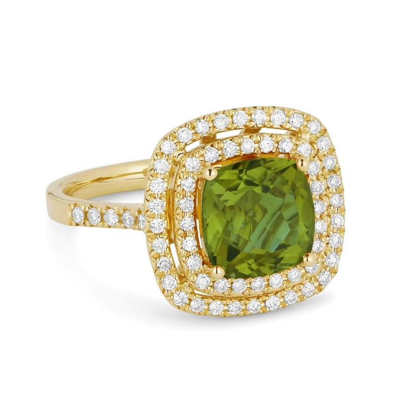 Madison L 14k Yellow Gold Double Halo Design Peridot and Diamond Fashion Ring