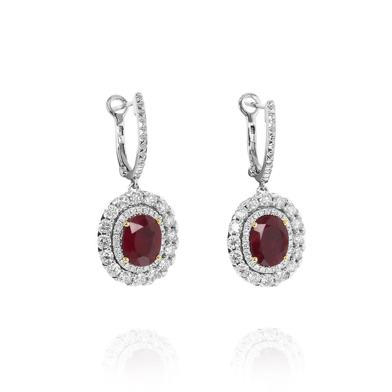 Yael Designs 18k White and Yellow Gold Ruby and Diamond Double Halo Drop Hoop Earrings