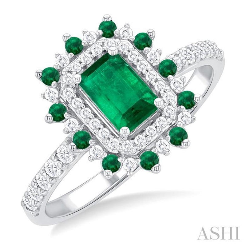 Davis Classics 14k White Gold Emerald and Diamond Double Halo Ring