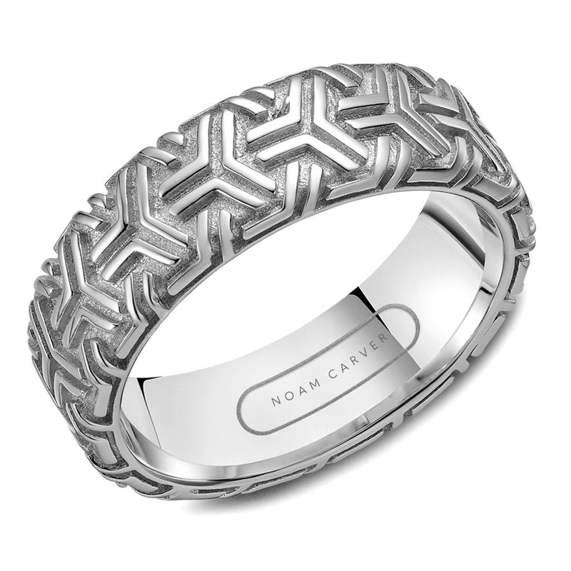 Noam Carver 14k White Gold 7mm Comfort Fit Wedding Band with Sandblasted Groove Pattern