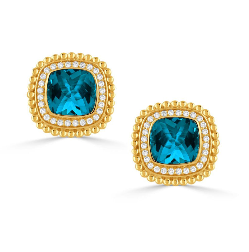 Doves 18k Yellow Gold London Blue Topaz and Diamond Double Halo Earrings