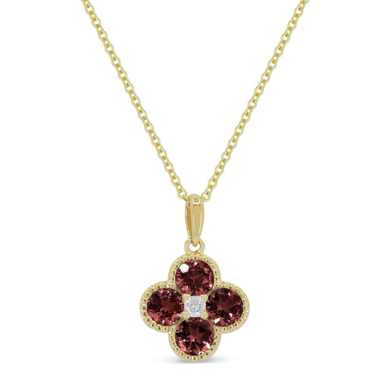 Madison L 14k Yellow Gold Clover Design Garnet and Diamond Pendant Necklace