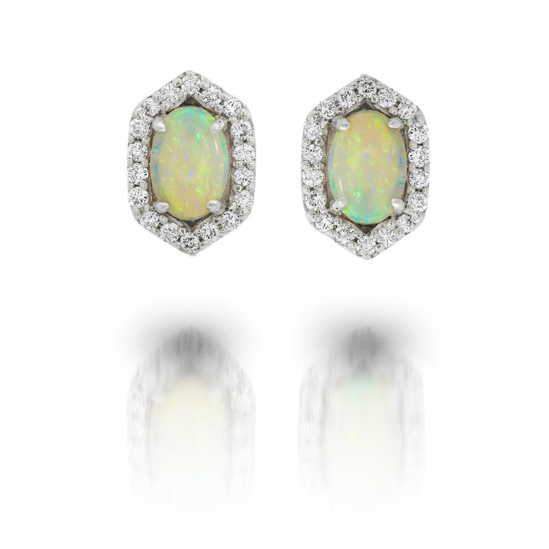 Davis Classics 14k White Gold Australian Opal and Diamond Halo Stud Earrings