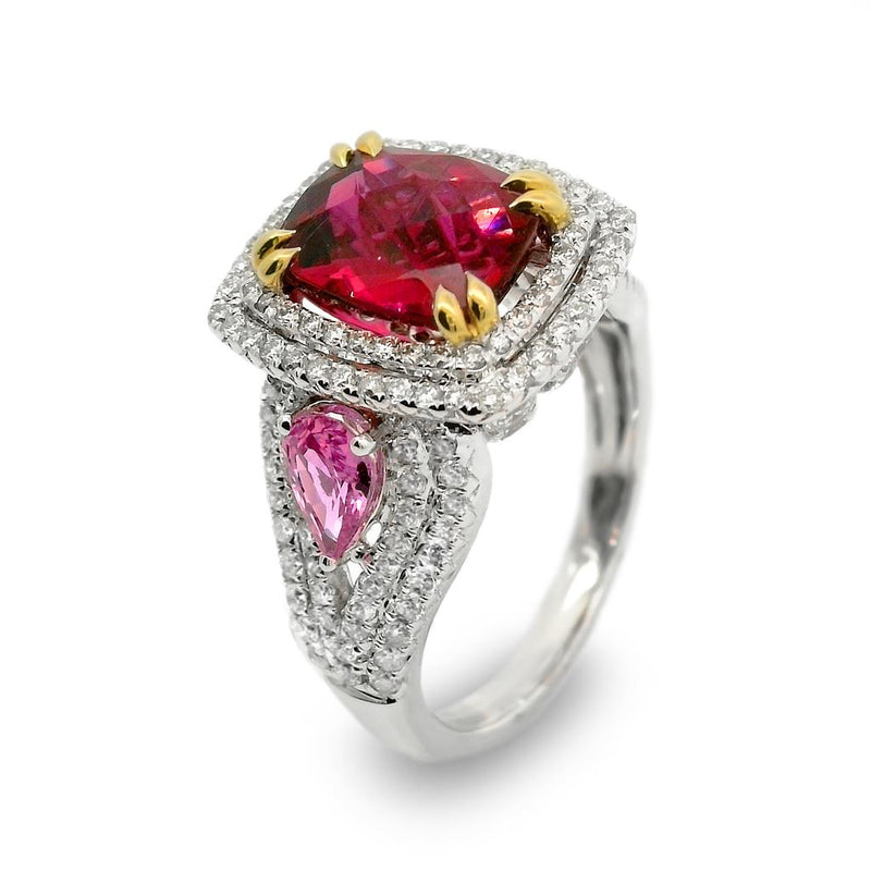 Charles Krypell 18k White and Yellow Gold Rubellite, Pink Sapphire, and Diamond Halo Three-Stone Ring