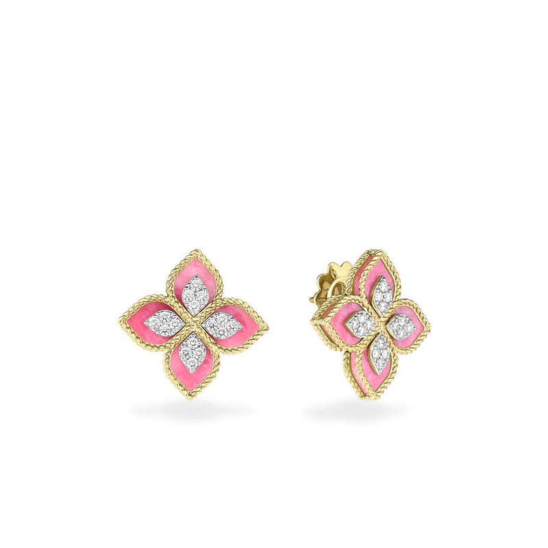 Roberto Coin 18k Yellow and White Gold Venetian Princess Collection Rhodonite Floral Diamond Earrings