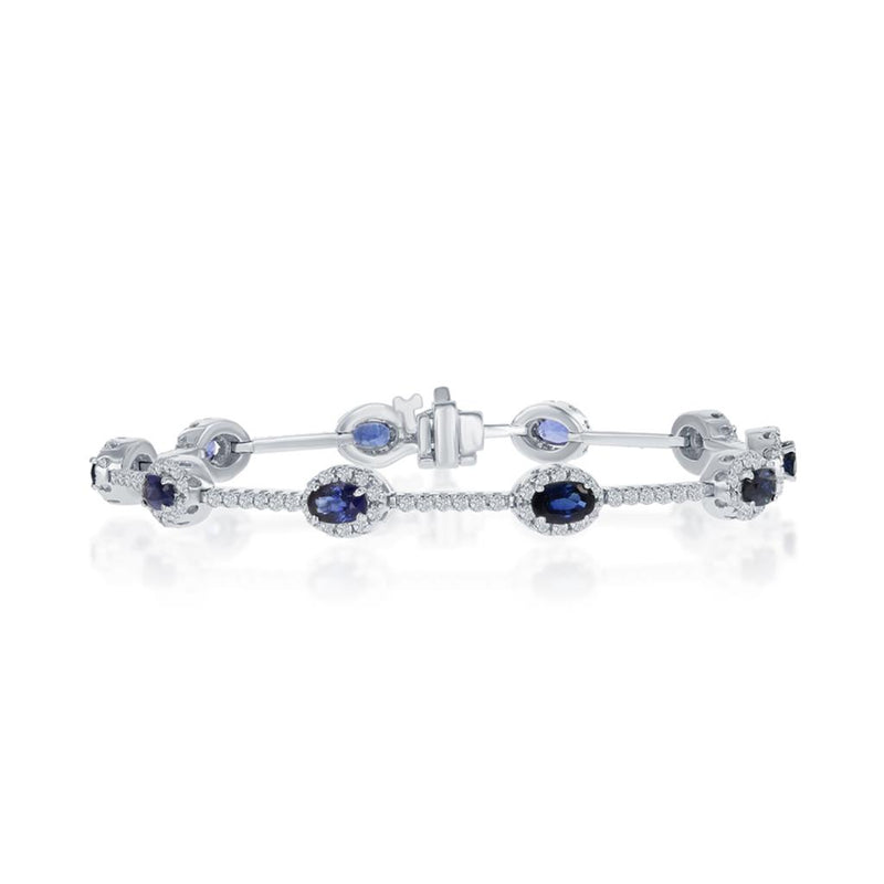 Davis Classics 14k White Gold Ceylon Blue Sapphire and Diamond Halo Station Bracelet