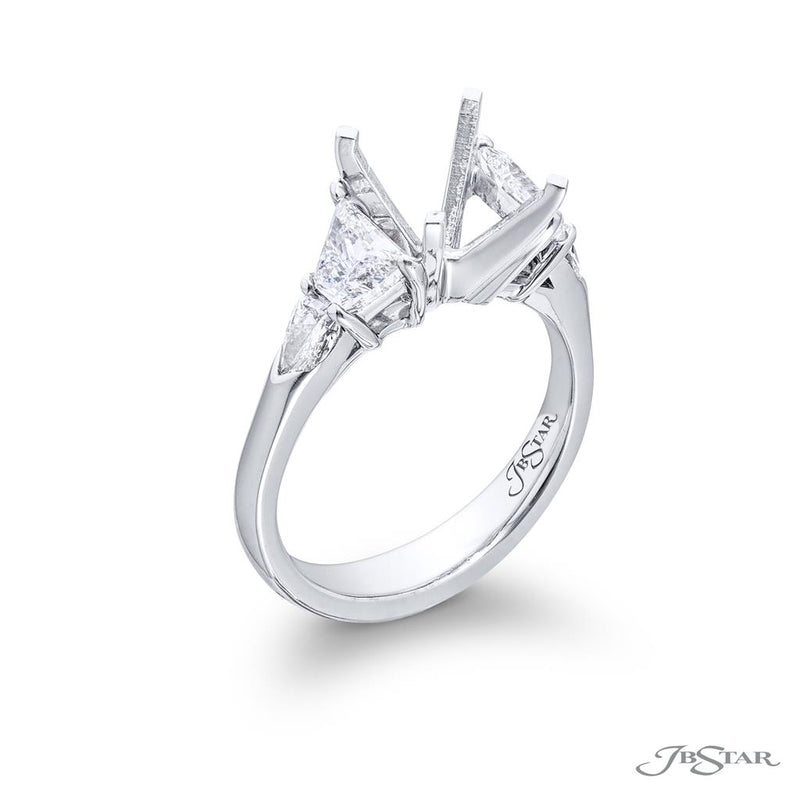 JB Star Platinum Three-Stone Engagement Ring with Trapezoid and Shield-Cut Diamonds