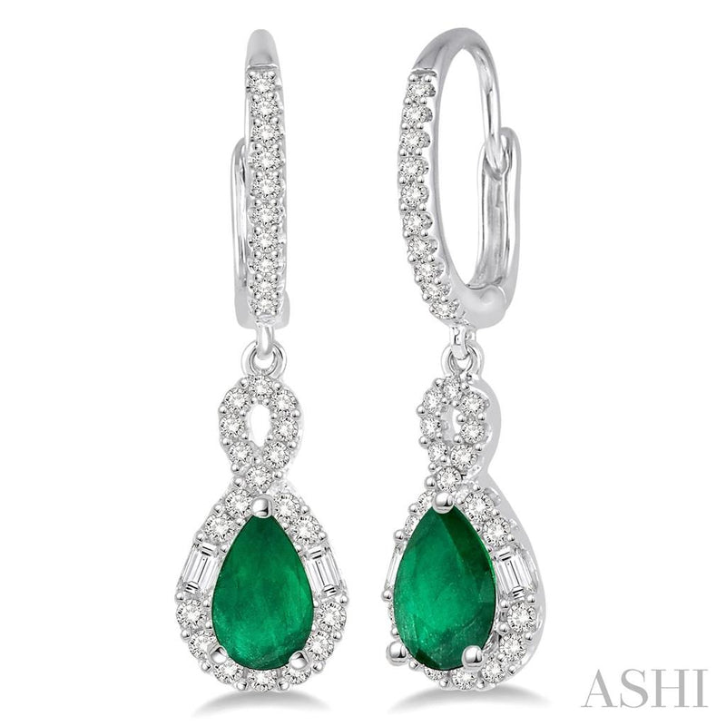 Davis Classics 14k White Gold Halo Design Emerald and Diamond Drop Earrings