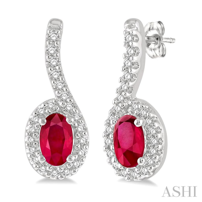 Davis Classics 10k White Gold Ruby and Diamond Halo Bypass Drop Earrings