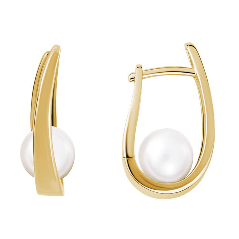 Davis Classics Pearl Hoop Earrings in 14k Yellow Gold