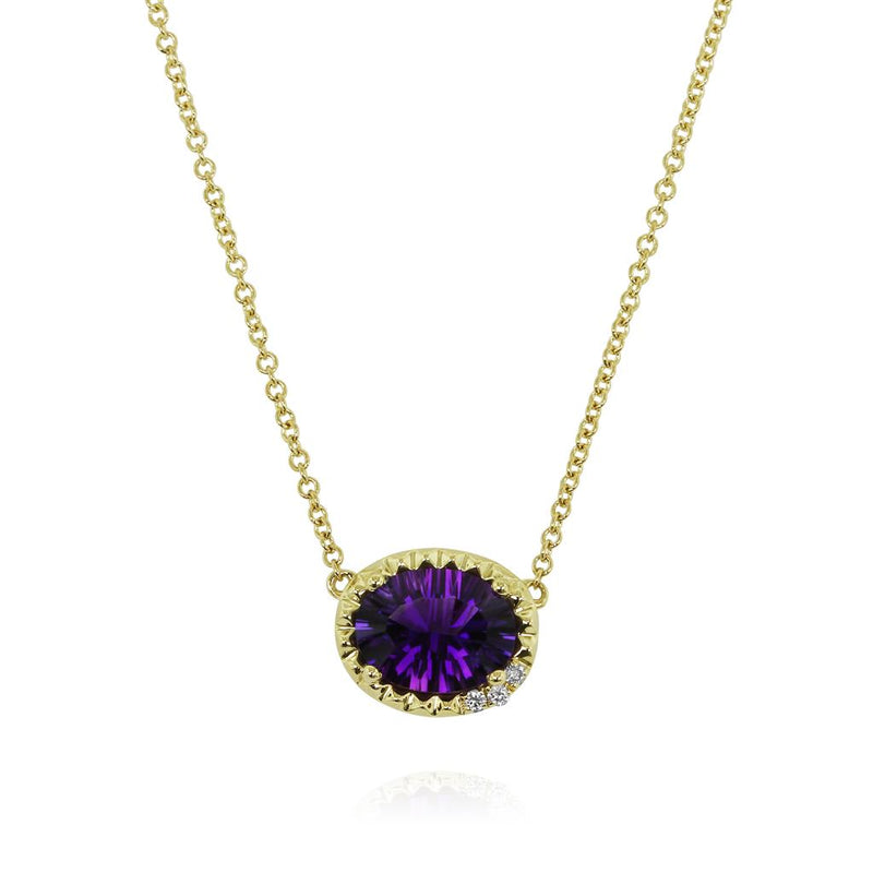 Yael Designs 14k Yellow Gold Borealis Collection Amethyst and Diamond Halo Pendant Necklace