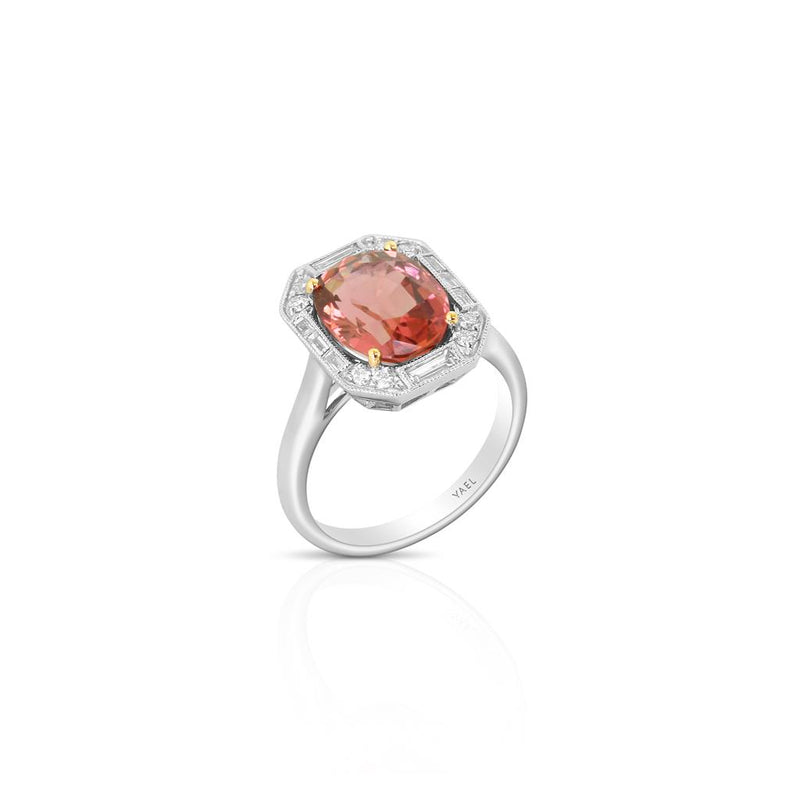 Yael Designs 18k White and Rose Gold Pink Tourmaline and Diamond Vintage Halo Ring