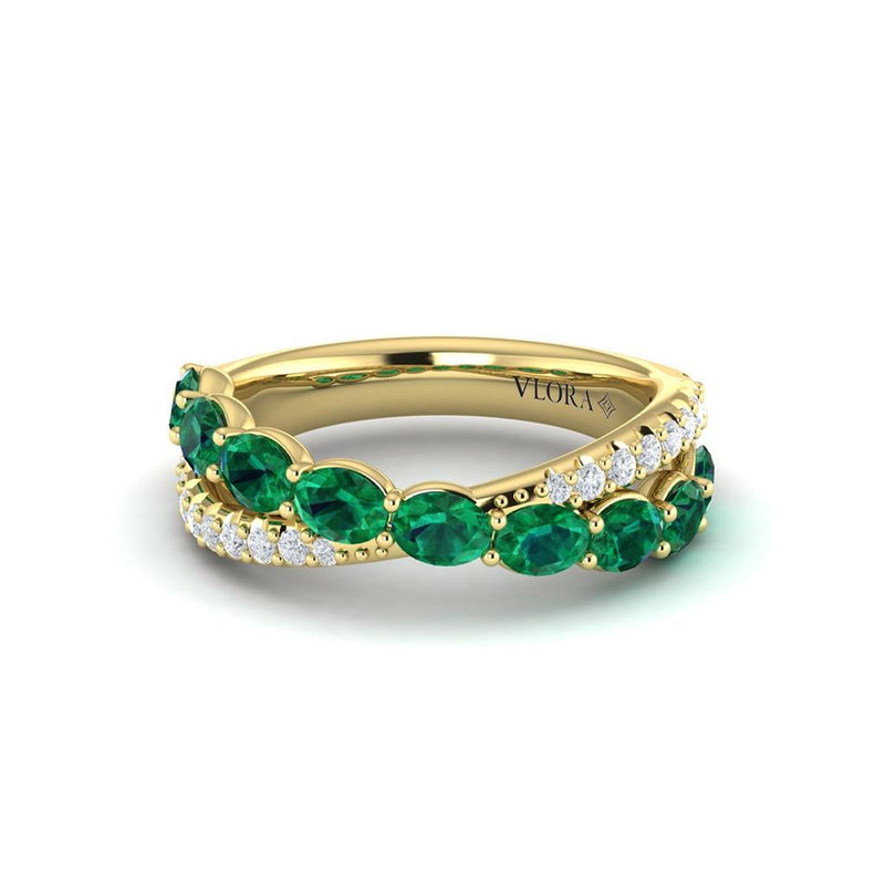 Vlora 14k Yellow Gold Crossover Design Zambian Emerald and Diamond Ring