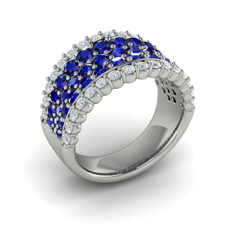 Vlora 14k White Gold Adella Collection Multi-Row Blue Sapphire and Diamond Wide Tapered Domed Band