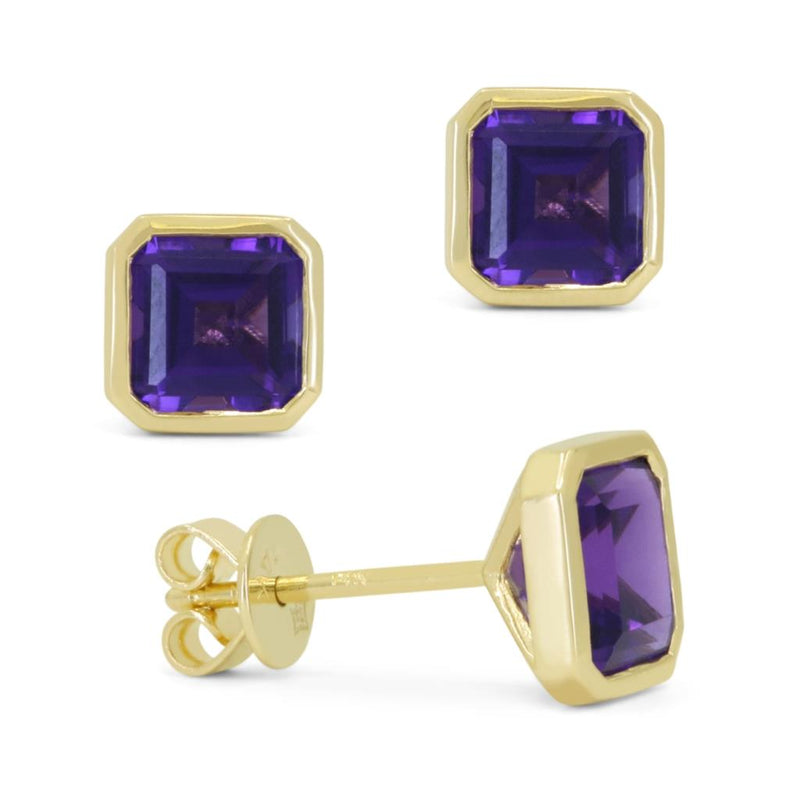 Madison L 14k Yellow Gold Amethyst Square Cushion Cut Stud Earrings