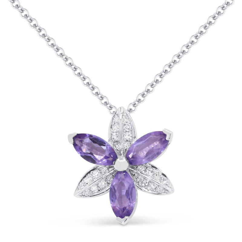 Madison L 14k White Gold Floral Design Amethyst and Diamond Pendant Necklace