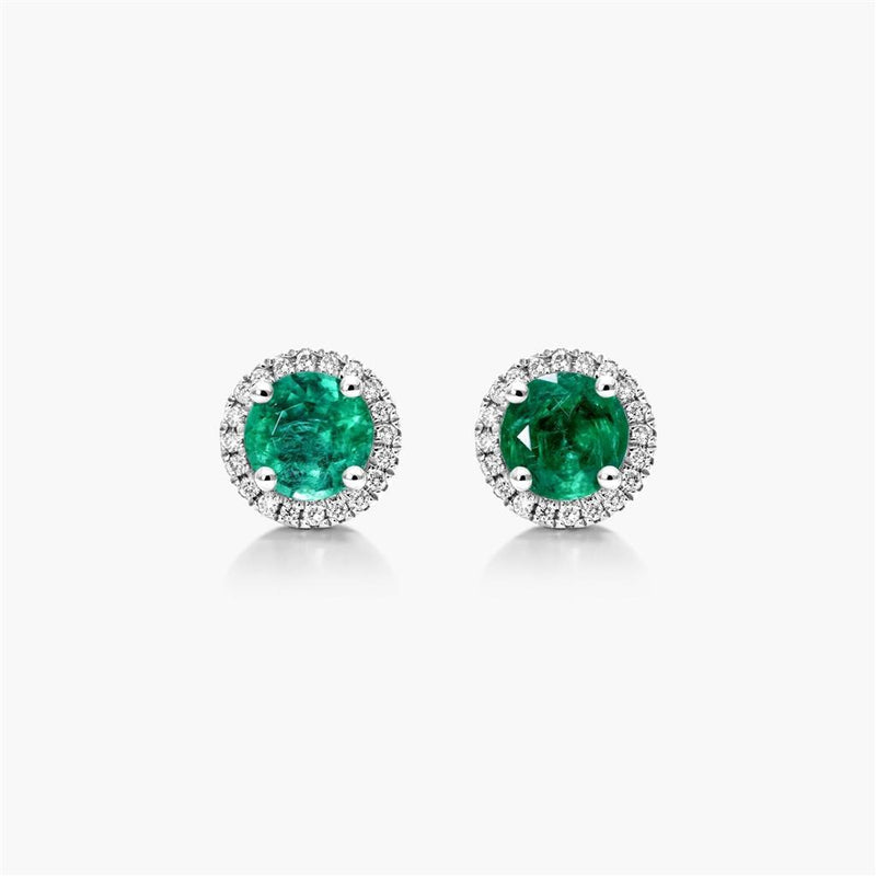 Davis Classics Emeralds and Diamonds Halo Earrings in 14k White Gold