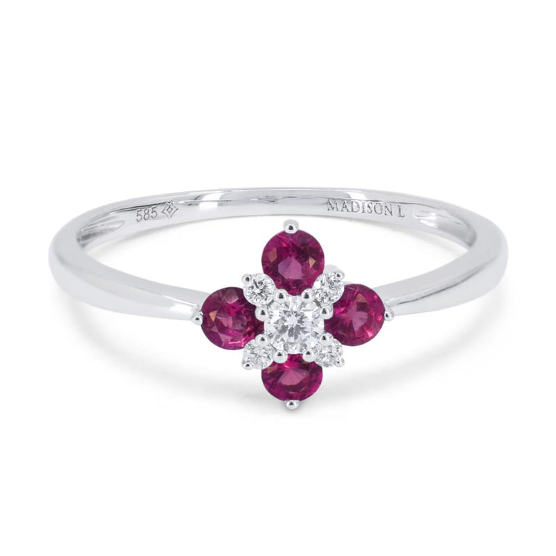 Madison L 14k White Gold Floral Design Ruby and Diamond Fashion Ring