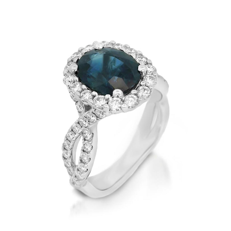 Davis Classics 18k White Gold Oval Sapphire and Diamond Halo Fashion Ring