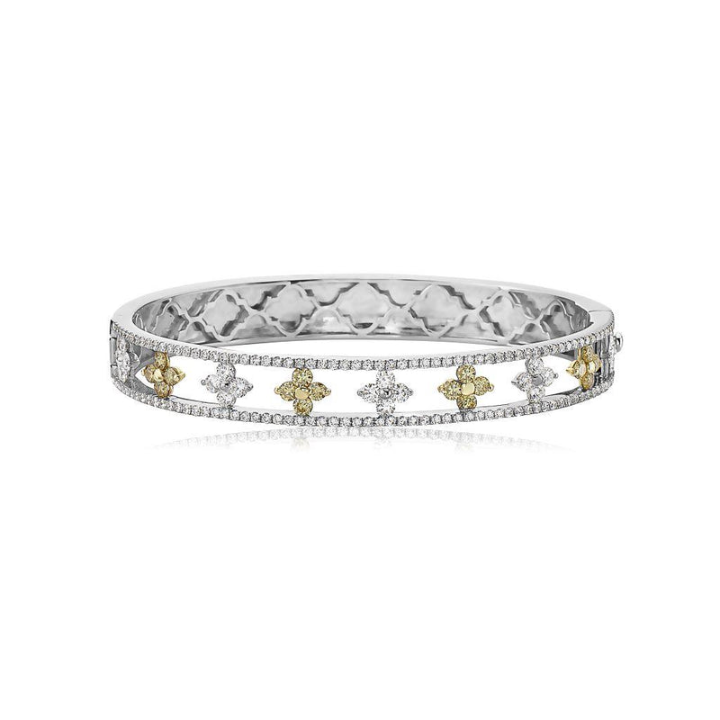 Charles Krypell 18k White and Yellow Gold Clover Station Diamond Bangle Bracelet