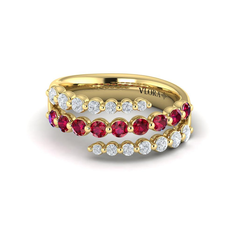 Vlora 14k Yellow Gold Adella Color Collection Triple Row Bypass Design Ruby and Diamond Fashion Ring