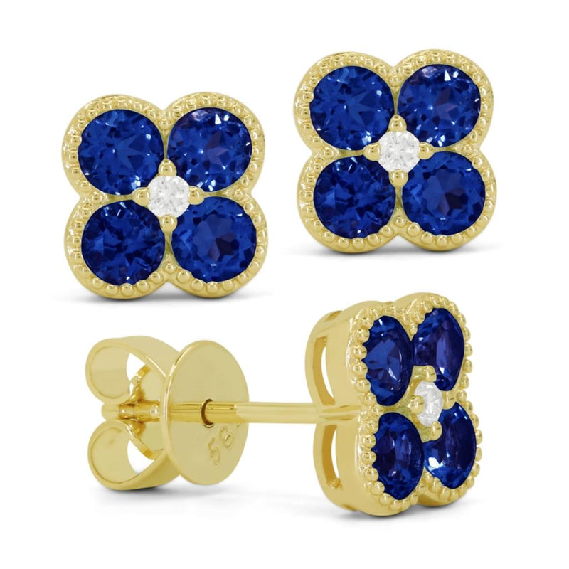 Madison L 14k Yellow Gold Clover Design Lab-Created Blue Sapphire Stud Earrings with Milgrain Detail