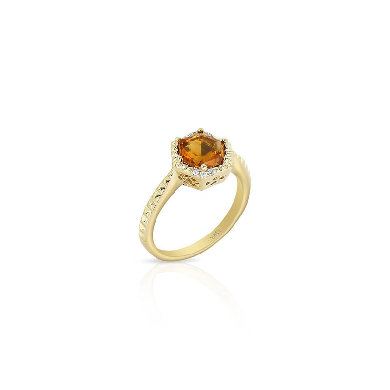 Yael Designs 14k Yellow Gold Borealis Collection Citrine and Diamond Hexagon Ring