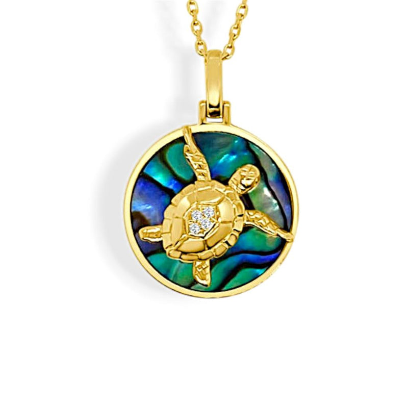 Frederic Sage 14k Yellow Gold Happy Collection Abalone and Diamond Sea Turtle Pendant Necklace