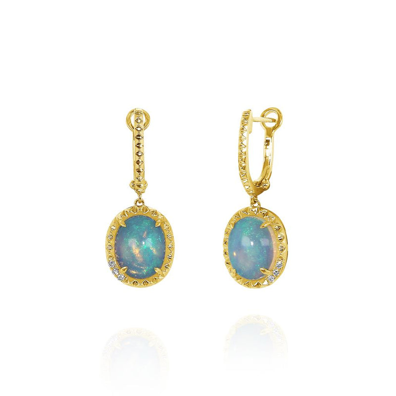 Yael Designs 14k Yellow Gold Borealis Collection White Opal and Diamond Halo Drop Earrings