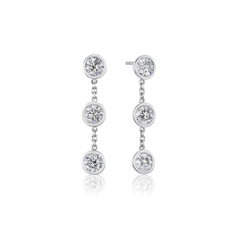 Davis Classics 18k White Gold Station Design Triple Diamond Drop Earrings