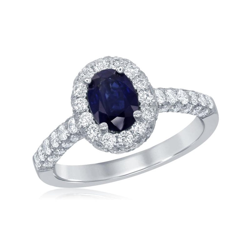 Davis Classics 18k White Gold Ceylon Blue Sapphire and Diamond Halo Fashion Ring