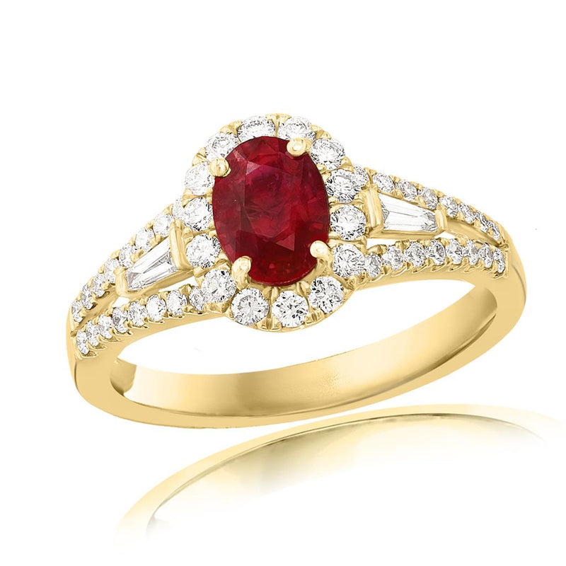 Davis Classics 18k Yellow Gold Ruby and Diamond Oval Halo Ring