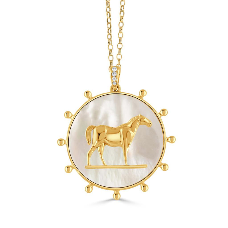 Doves 18k Yellow Gold Equestrian Collection Horse Disc Pendant with Mother of Pearl and Diamond Accents