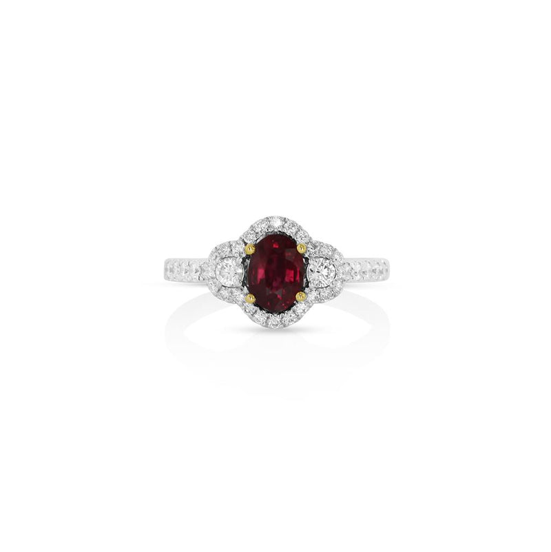 Yael 18k White and Yellow Gold Ruby and Diamond Three-Stone Halo Ring