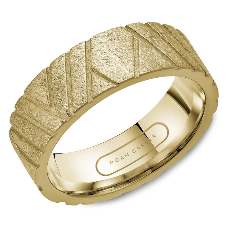 Noam Carver 14k Yellow Gold 7.5mm Wedding Band with Sandblasted Groove and Diamond Brushed Finish