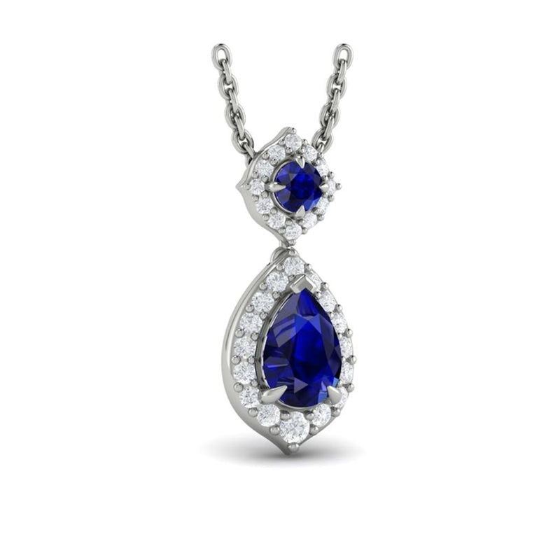 Vlora 14k White Gold Adella Color Collection Halo Design Blue Sapphire and Diamond Drop Pendant Necklace